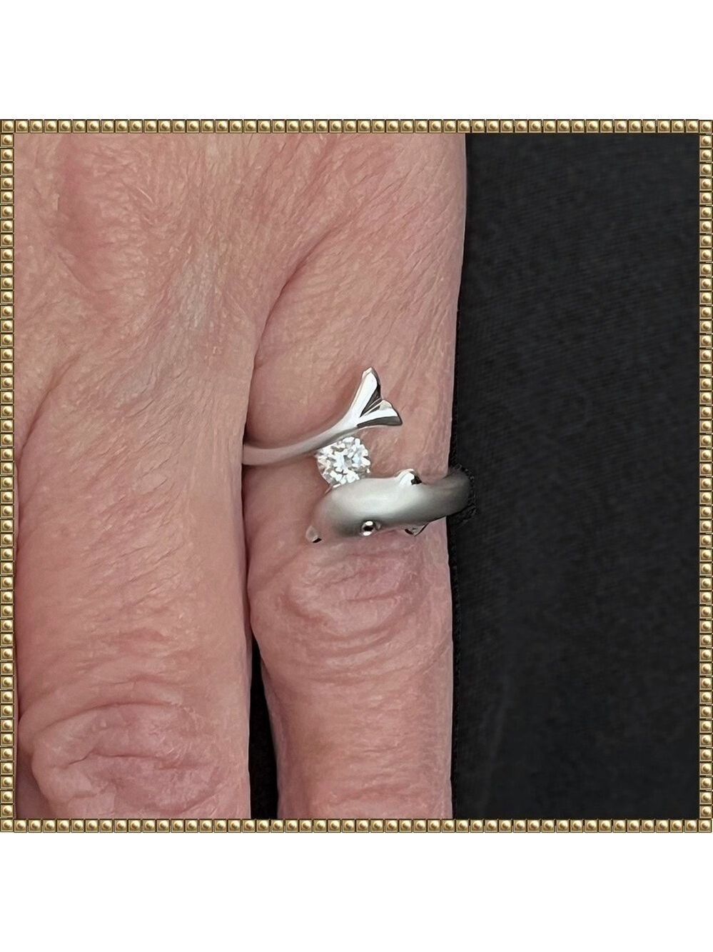 Stainless Steel Silver Dolphin Cubic Zirconia Ring Size 6